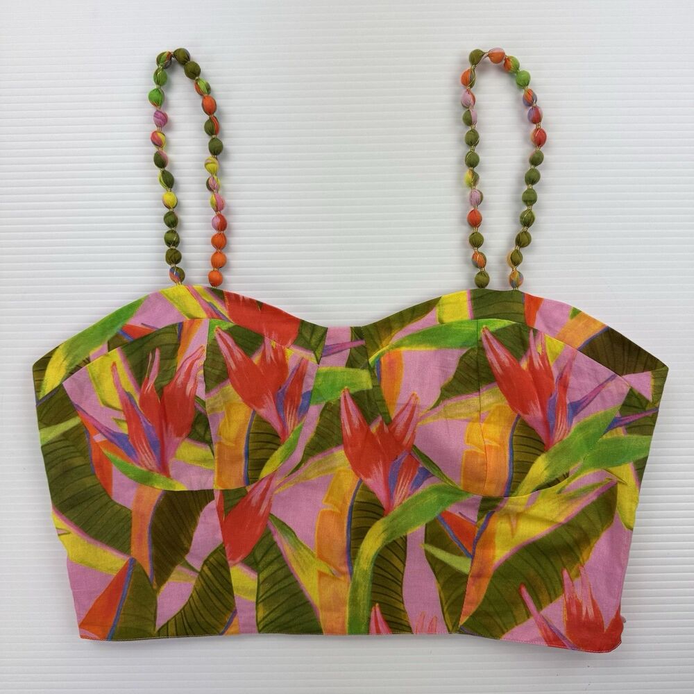 Farm Rio x Anthropologie Floral Crop Top Beaded Straps Pink Cotton M NWOT - Picture 2 of 12
